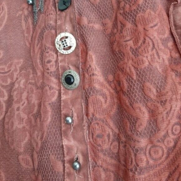 ELISA CAVALETTI Italy Button Down Boho Lace Ruffle Blouse Rust Red Sz M - Picture 6 of 10